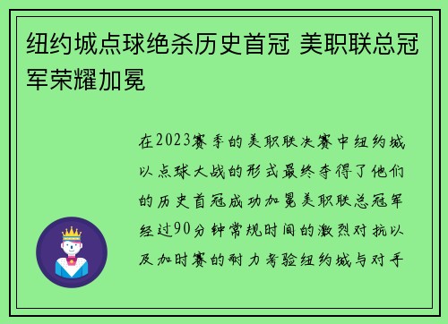 纽约城点球绝杀历史首冠 美职联总冠军荣耀加冕
